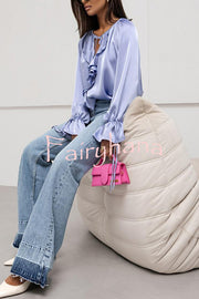 Satin Solid Color V-neck Tie Ruffle Casual Shirt