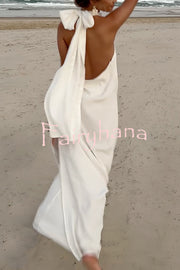 Floral Embellished Satin Halterneck Backless Resort Maxi Dress