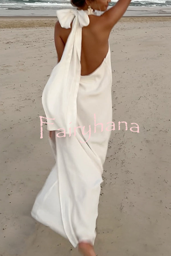 Floral Embellished Satin Halterneck Backless Resort Maxi Dress