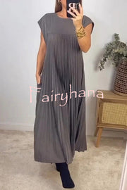 Solid Color Round Neck Sleeveless Pleated Large Hem Maxi Dress