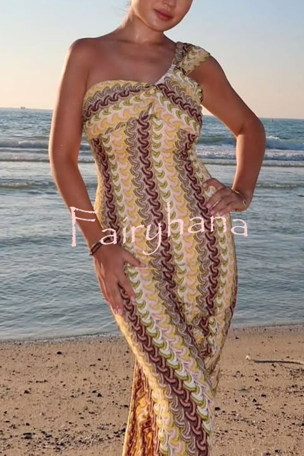 Colorful Zigzag Pattern Lace One-shoulder Slim Vacation Midi Dress