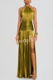 Glamorous Metallic Pleated Fabric Open Back Halter Slit Maxi Dress