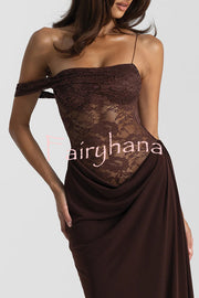 Sexy See-Through Lace Suspender Slim Slit Maxi Dress