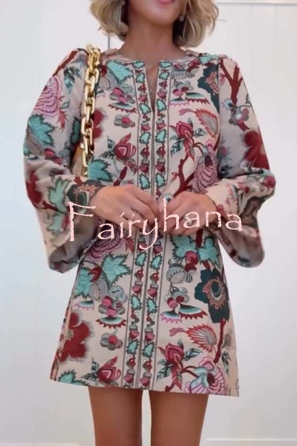 Autumn Garden Printed V-neck Long Bell Sleeve Top and Mid Rise Skirt Set