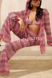 Beach Style Knit Unique Print Long Sleeve Kimono Shirt and Stretch Wide Leg Pants Set