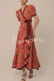 Bohemian Floral Print Elegant Puff Sleeve Holiday Maxi Dress