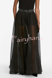 Avant-garde Fashion Denim Flowing Organza Patchwork Pocketed Wide Leg Jeans