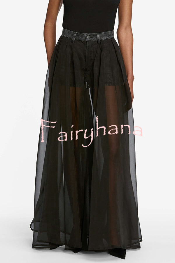 Avant-garde Fashion Denim Flowing Organza Patchwork Pocketed Wide Leg Jeans