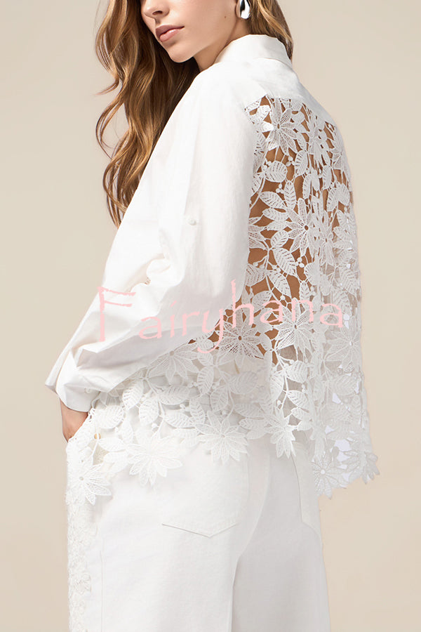 Daisy Long Sleeve Back Crochet Floral Lace A-line Blouse
