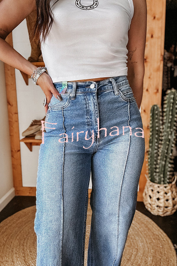 Fashion High Waist Pocket Casual Straight Jeans