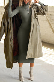 Solid Color Casual Long Sleeve High Neck Slim Midi Dress