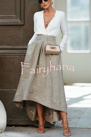 Caught A Vibe Linen Blend Back Elastic Waist Pocketed High Low Maxi Skirt