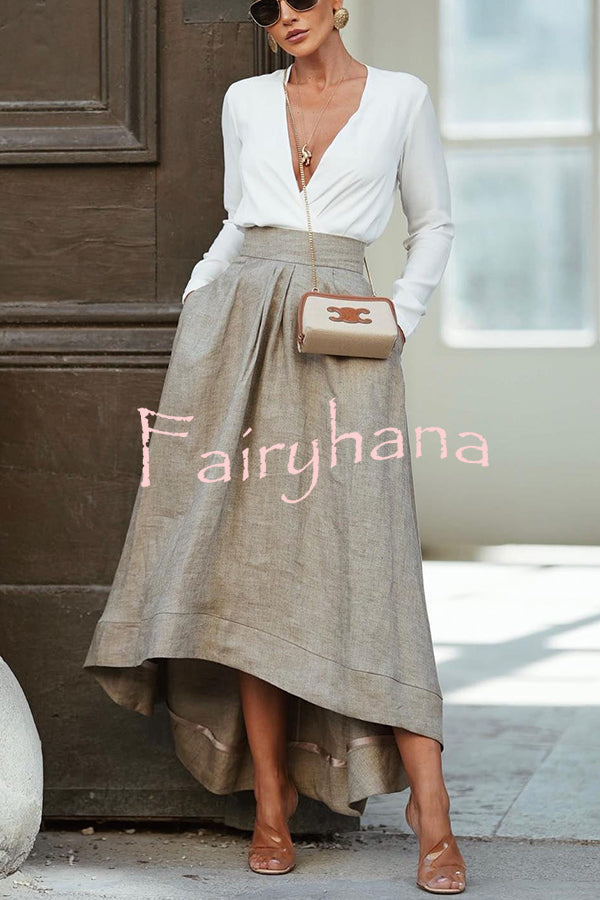 Caught A Vibe Linen Blend Back Elastic Waist Pocketed High Low Maxi Skirt