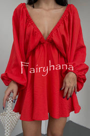 V Neck Puff Sleeve Solid Color Resort Style Mini Dress