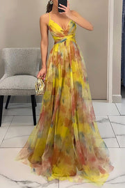 Giselle Tulle Render Floral Print Cutout Waist Back Lace-up Maxi Dress