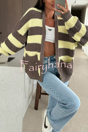 Fashionable Patchwork Striped Casual Pocket Knitted Sweater