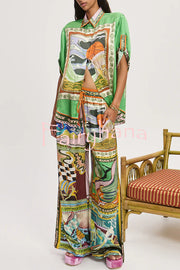 Unique Printed Lapel Short-sleeved Loose Shirt and Elastic Waist Tie Wide-leg Pants Set