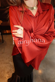 Jenny Satin Button Front Center Cross Straps Long Bell Sleeve Shirt