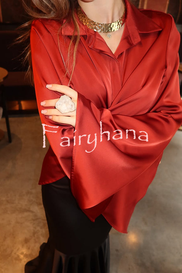 Jenny Satin Button Front Center Cross Straps Long Bell Sleeve Shirt