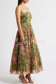 Romantic Factor Pleated Mesh Watercolor Print Bow Detail Strapless Maxi Dress
