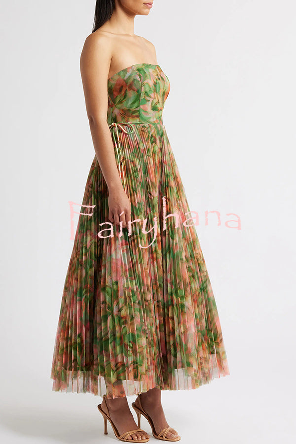 Romantic Factor Pleated Mesh Watercolor Print Bow Detail Strapless Maxi Dress
