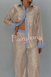 Fashion Sequined Loose Long-sleeved Shirt and Casual Elastic Waist Wide-leg Pants Set
