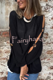 Solid Color Round Neck Hollow Long Sleeve Loose Knitted Sweater