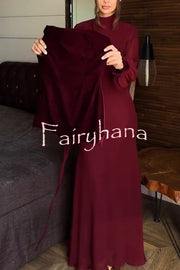 Hildie Chiffon and Two-piece Velvet Lace-up Bra High Neck Long Sleeve Maxi Dress