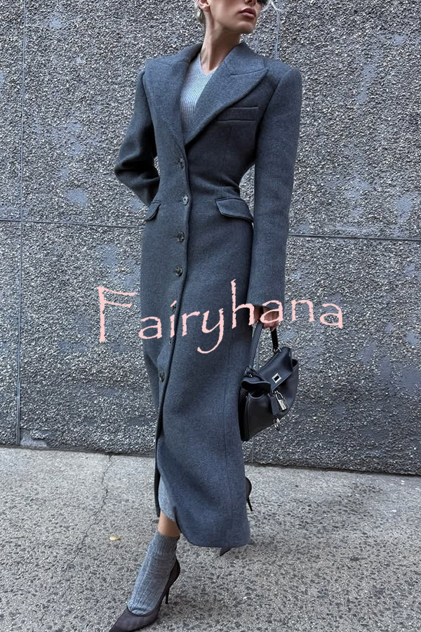Elegant Lapel Long Sleeve Button High Waist Long Coat