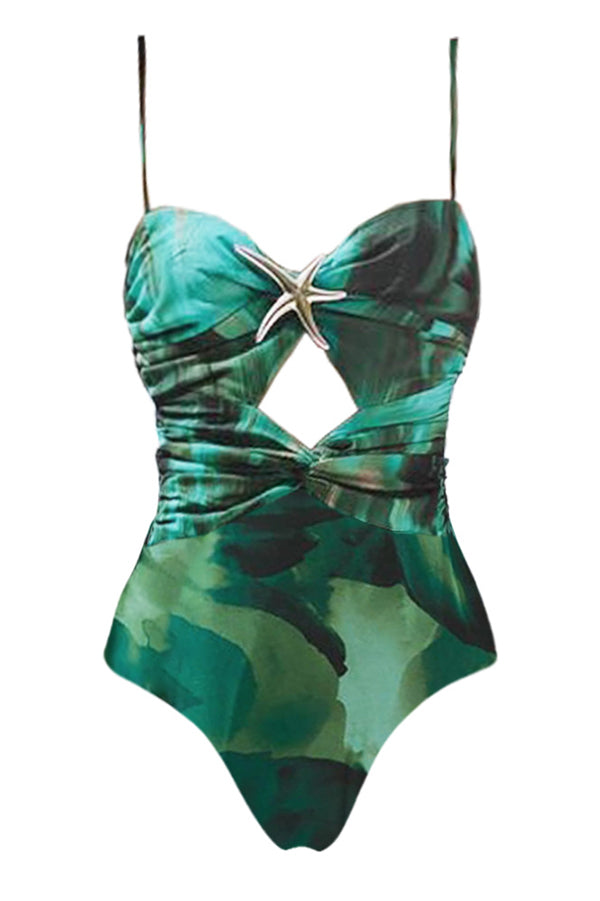 Unique Print Starfish Embellished Cutout Stretch One-piece Swimsuit