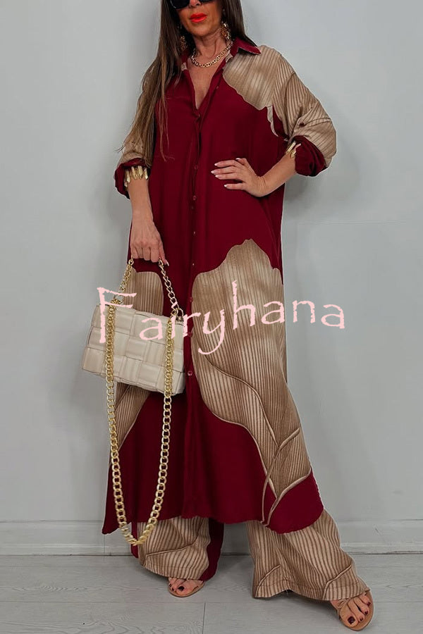 Unique Printed Casual Loose Long Shirt and Elastic Waist Pocket Wide Leg Pants Set