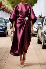 Satin Elegant Brooch Embellished Casual Round Neck Midi Dress