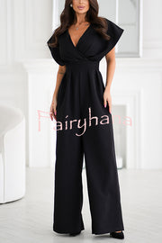 Solid Color V-neck Waist Casual Wide-leg Jumpsuit