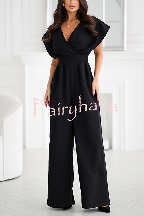 Solid Color V-neck Waist Casual Wide-leg Jumpsuit