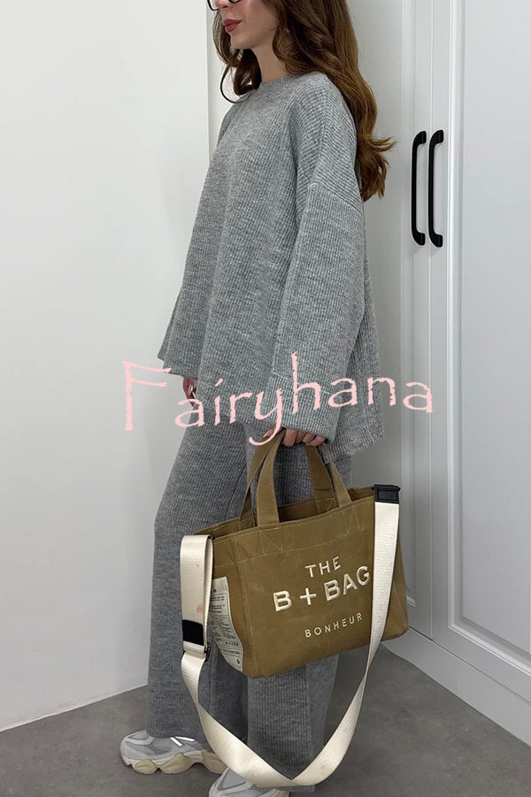 Solid Color Loose Long-sleeved Knit Top and Elastic Waist Casual Straight Leg Pants Set