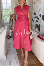 Workdays or Weekends Front Zipper Smocked Waist Pocket Loose Midi Dress