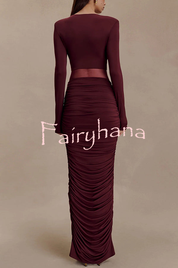 Sexy See-through Long-sleeved V-neck Pleated Slim-fit Maxi Dress