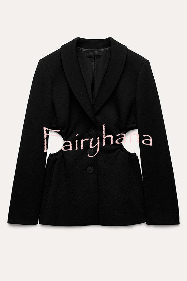 Hipster Boss Solid Color Hollow Side Waist Lapel Long Sleeve Blazer