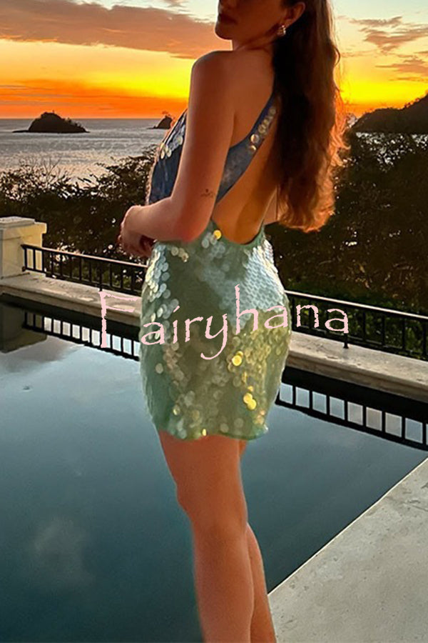 Fashion Sexy Sequined Backless Halter Neck Slim Fit Mini Dress