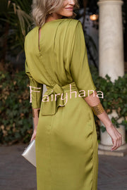 Satin Solid Color Round Neck Half Sleeve Waist Midi Dress