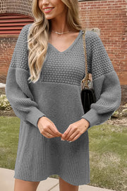 Solid Color V-neck Puff Sleeve Casual Knitted Mini Dress