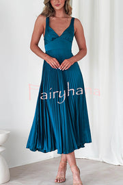 Satin Solid Color Sexy V-Neck Pleated Maxi Dress