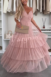 Romantic Movie Tulle Ruched Tiered Hem Slip Maxi Dress