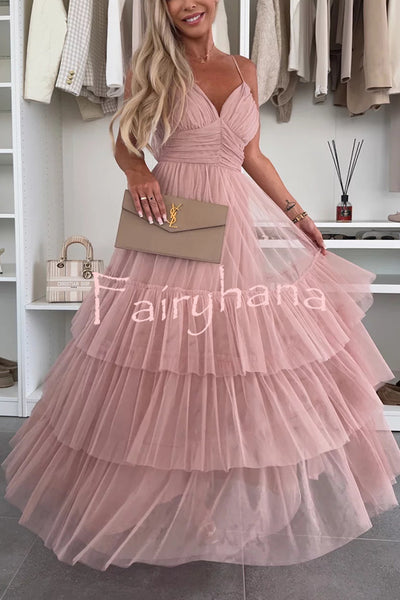 Romantic Movie Tulle Ruched Tiered Hem Slip Maxi Dress