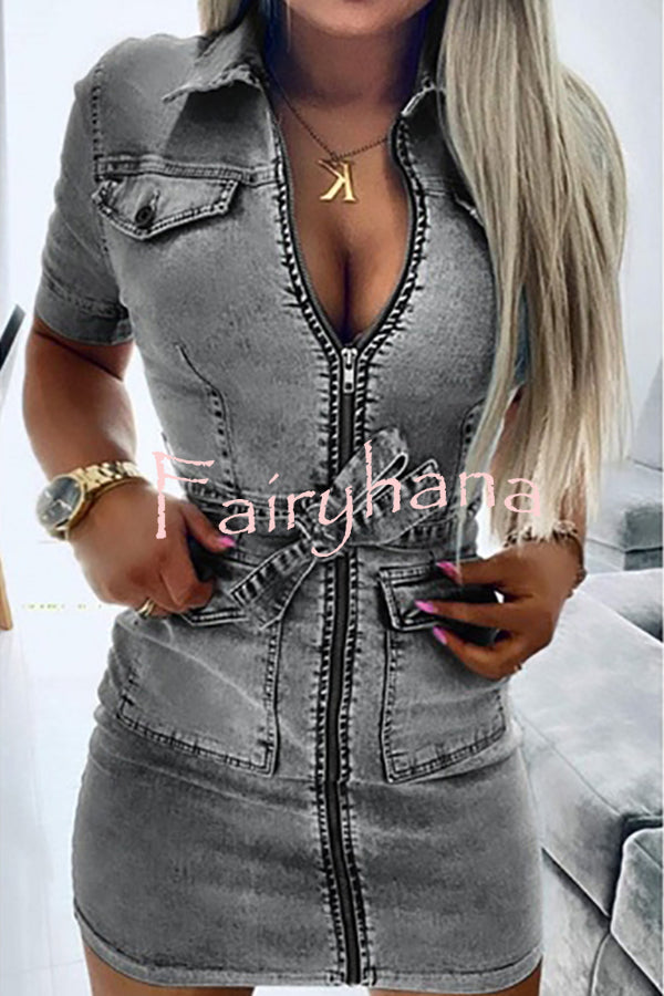 Tie Waist Zipped Pocket Denim Mini Dress