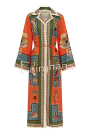 Linen Blend Unique Print Tie-waist Casual Maxi Dress