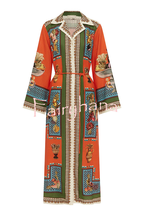 Linen Blend Unique Print Tie-waist Casual Maxi Dress