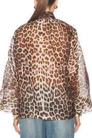 Arianne Chiffon Leopard Print Bow Neck Long Balloon Sleeve Loose Blouse