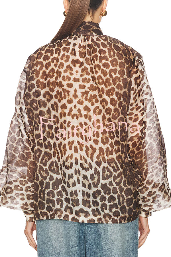 Arianne Chiffon Leopard Print Bow Neck Long Balloon Sleeve Loose Blouse