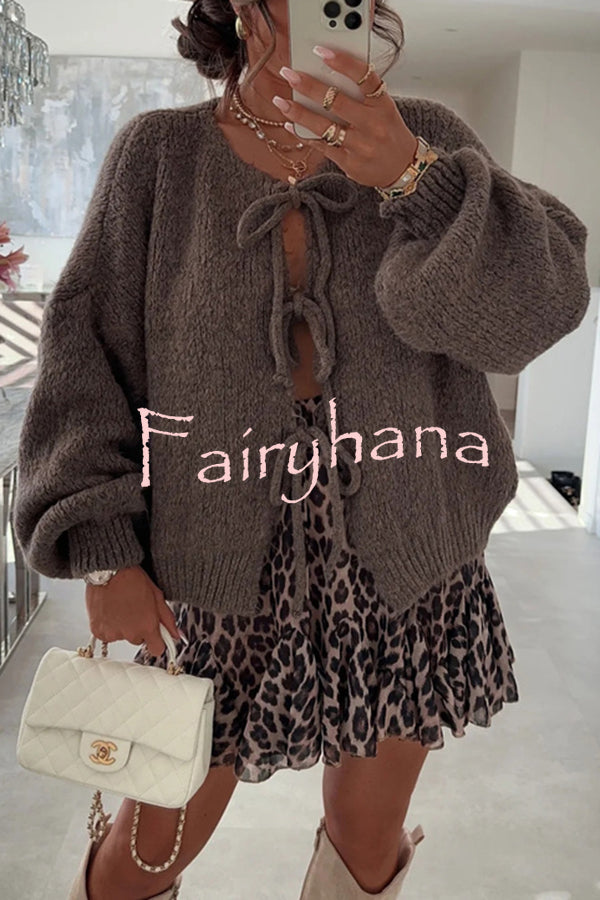 Solid Color Long-sleeved V-neck Lace-up Loose Knitted Sweater